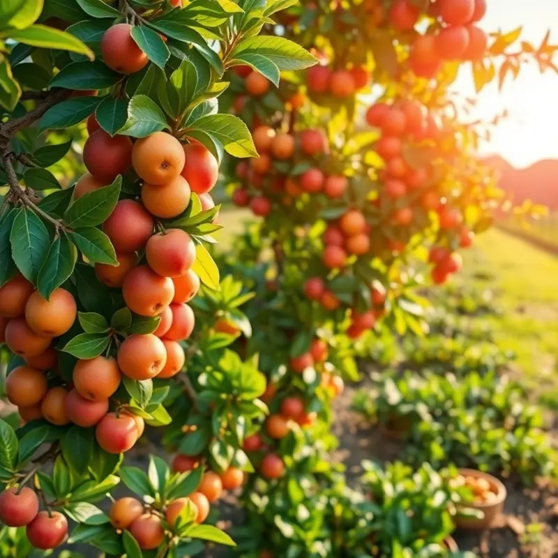Vibrant fruits grow abundantly in a sunlit organic orchard.