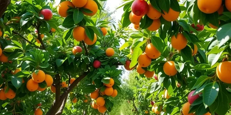 A scenic view of a sunlit orchard showcasing a variety of organic fruits amidst lush greenery.