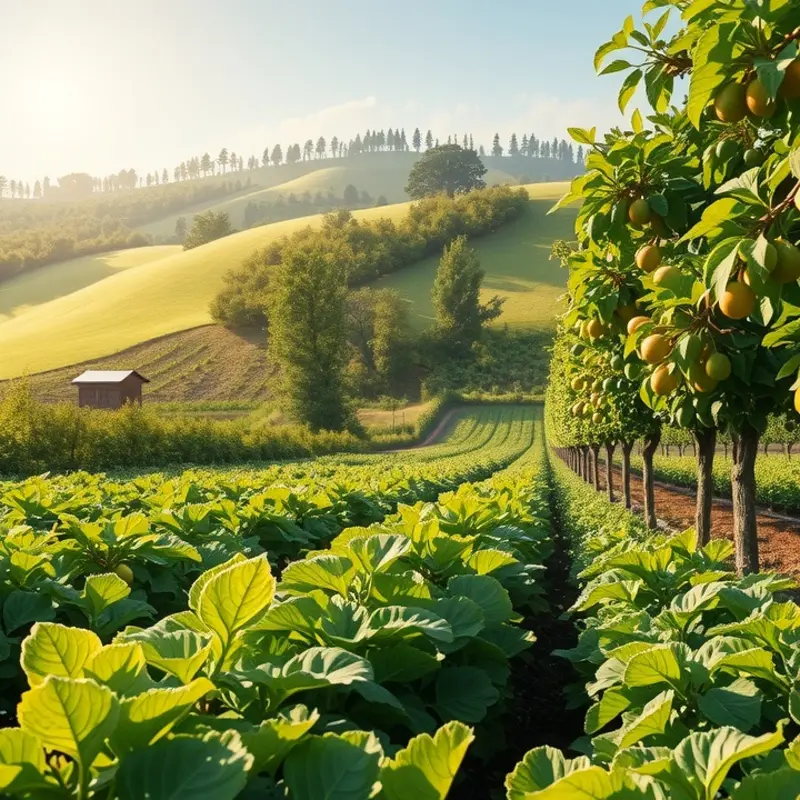Vibrant fruits and vegetables grow in a sunlit, lush landscape.