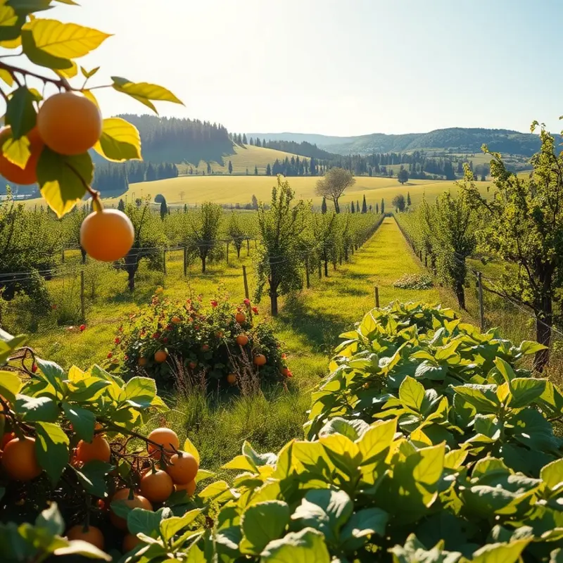 A sunlit orchard filled with organic fruits and vegetables.
