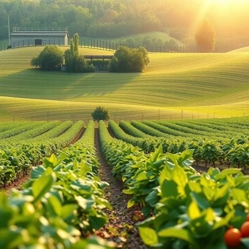 A serene sunlit orchard filled with fresh fruits and vegetables, inspiring healthy dessert ideas.