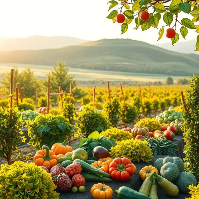 A sunlit organic orchard bursting with vibrant produce.