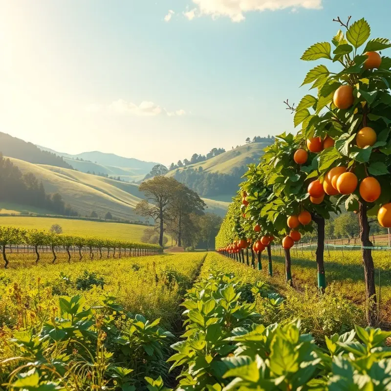 A vibrant sunlit field showcasing organic vegetables and fruits, representing freshness.