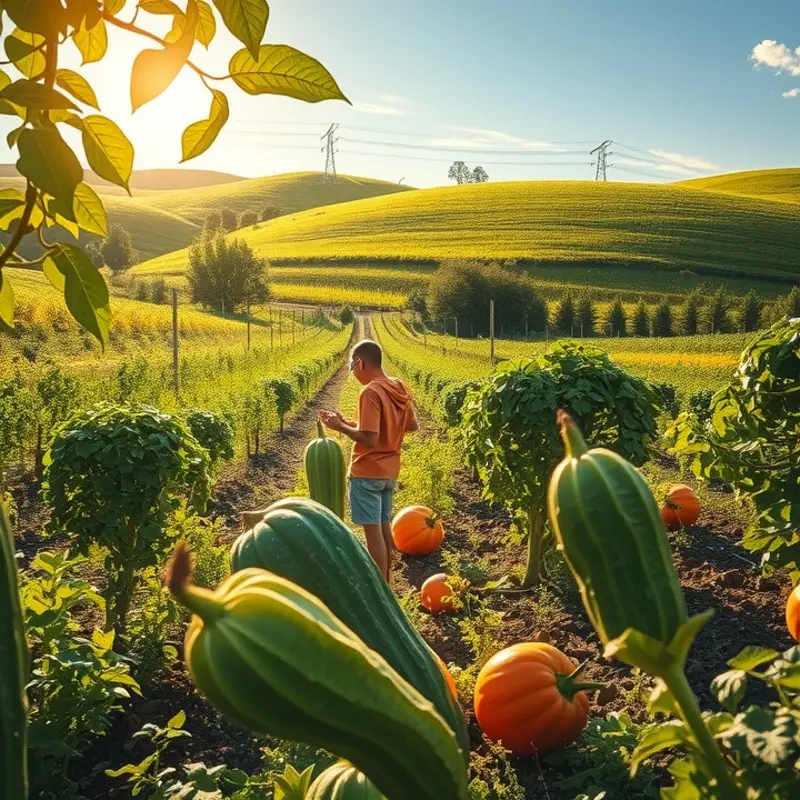 A sunlit field showcasing organic vegetables growing in harmony with nature.