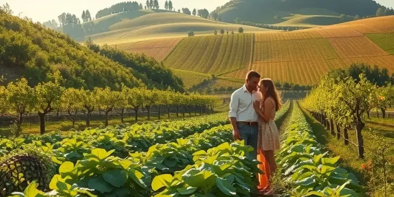 A lush landscape with an abundance of organic fruits and vegetables growing in a natural setting.