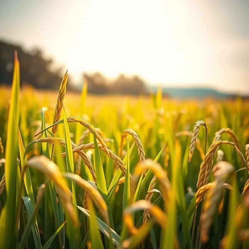 A lush rice field illuminated by soft sunlight.