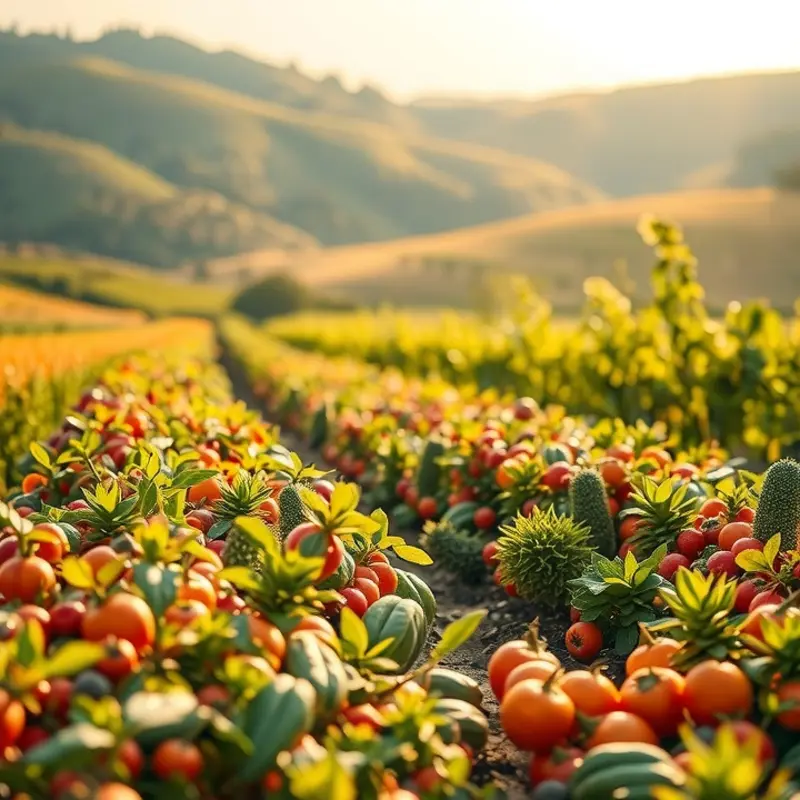 A sunlit field filled with vibrant vegetables and fruits.