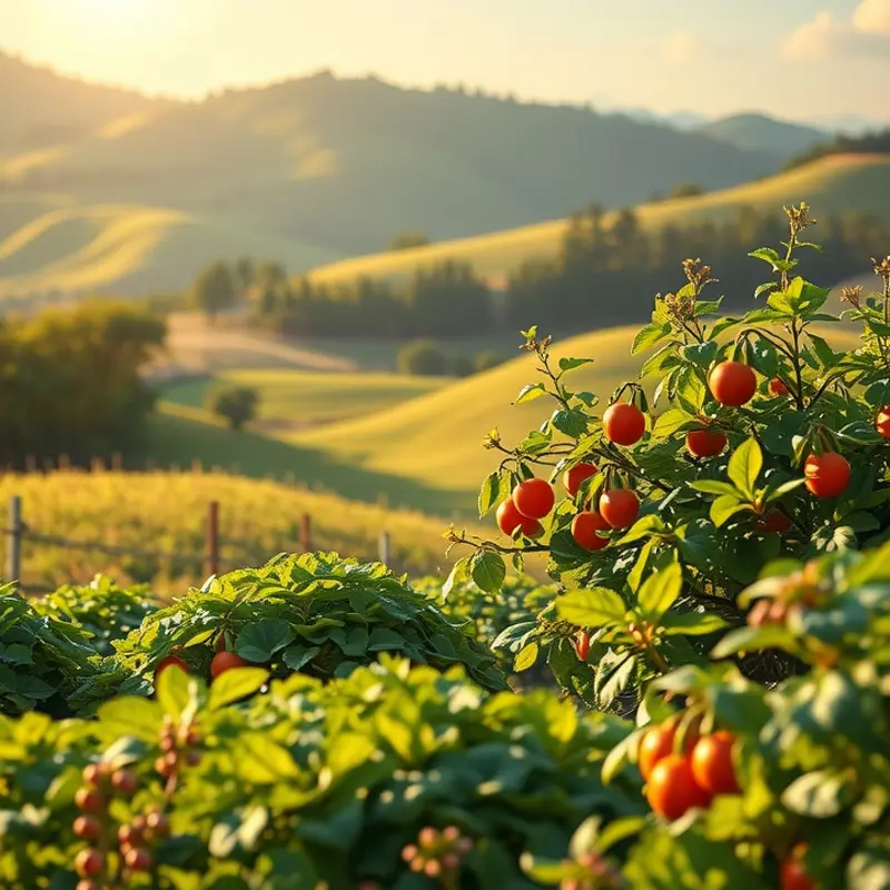 Vibrant fruits and vegetables grow in a sunlit, lush landscape.