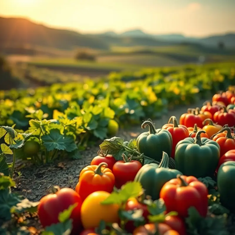 Vibrant vegetables and fruits thriving in a sunlit field, symbolizing nature’s bounty for a healthy diet.