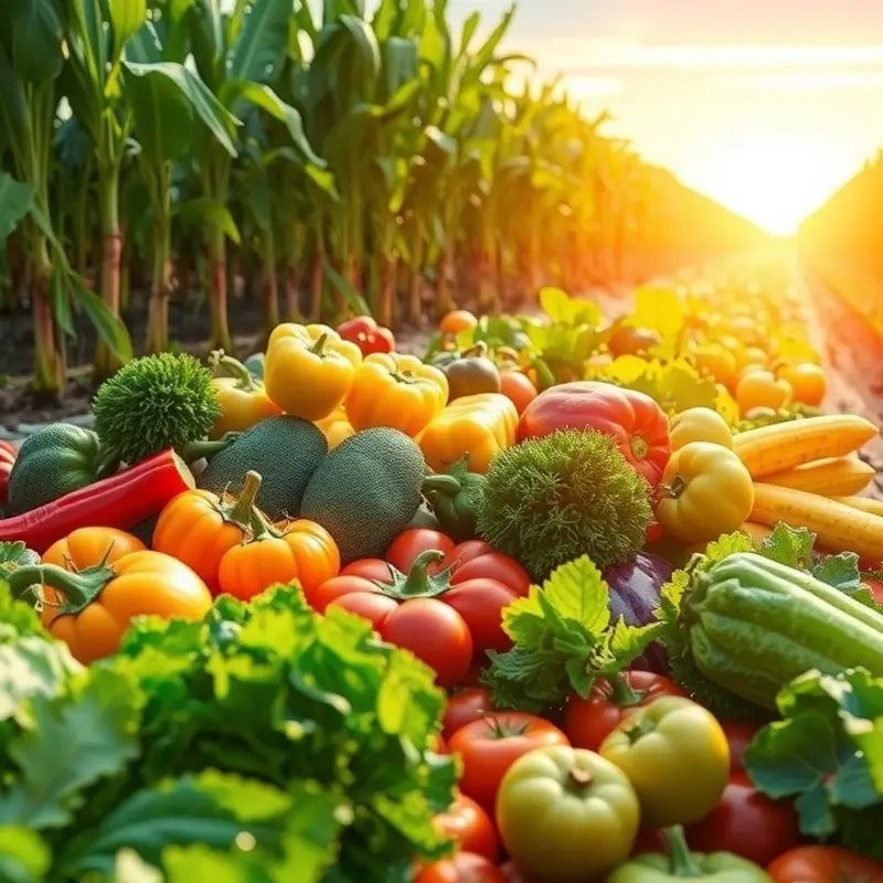 A sunlit field of vibrant vegetables representing healthy nutrition.