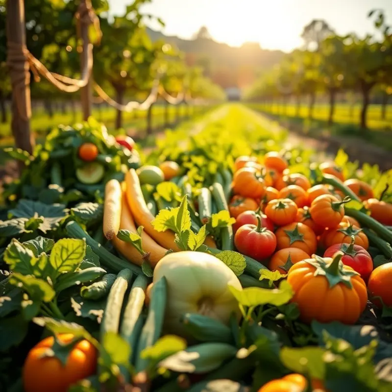 A vibrant orchard showcasing organic vegetables and fruits bathed in sunlight.
