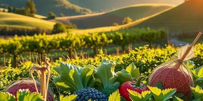 A vivid landscape of organic produce under soft sunlight.