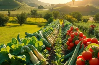 A picturesque landscape with organic fruits and vegetables thriving in natural sunlight.