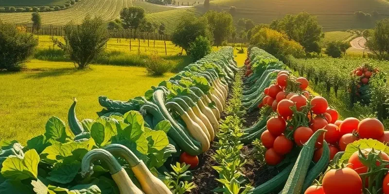 A picturesque landscape with organic fruits and vegetables thriving in natural sunlight.