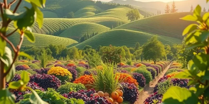 A sunlit landscape filled with organic fruits and vegetables thriving in nature.