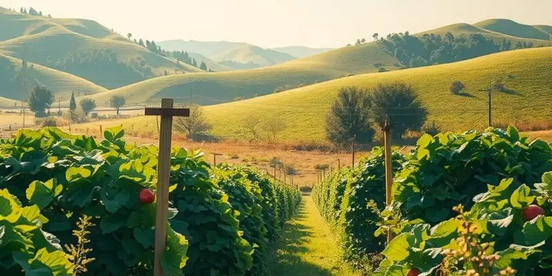 A serene organic farm scene filled with a variety of crops and vibrant greenery.