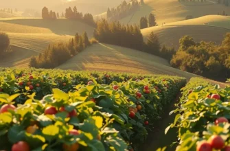 A lush and sunlit organic field filled with fresh vegetables and fruits, illustrating sustainable farming.