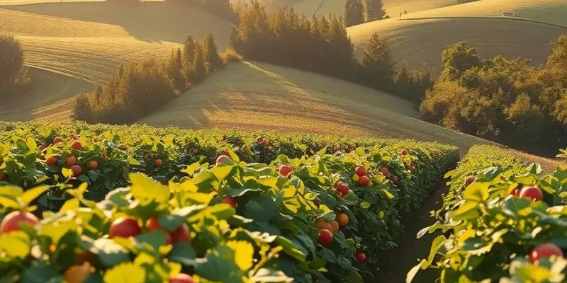A lush and sunlit organic field filled with fresh vegetables and fruits, illustrating sustainable farming.