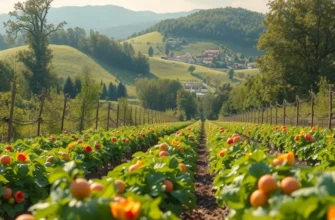 Beautiful landscape featuring an orchard full of organic fruits and vegetables under bright sunlight.