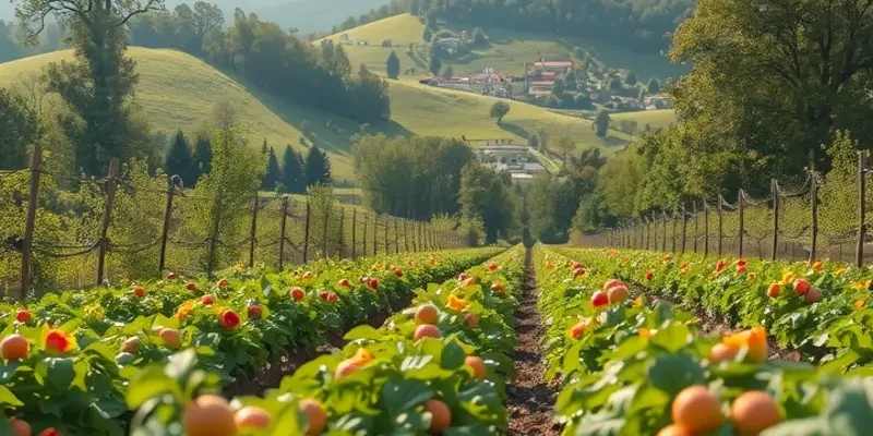 Beautiful landscape featuring an orchard full of organic fruits and vegetables under bright sunlight.