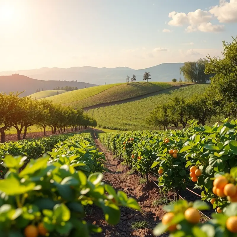 A vibrant sunlit field showcasing a variety of organic fruits and vegetables.
