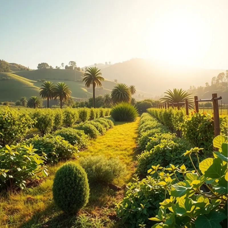 A vibrant sunlit field showcasing a variety of organic fruits and vegetables.