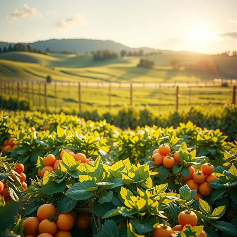 Lush, natural landscape showing vibrant fruits and vegetables thriving in their environment.