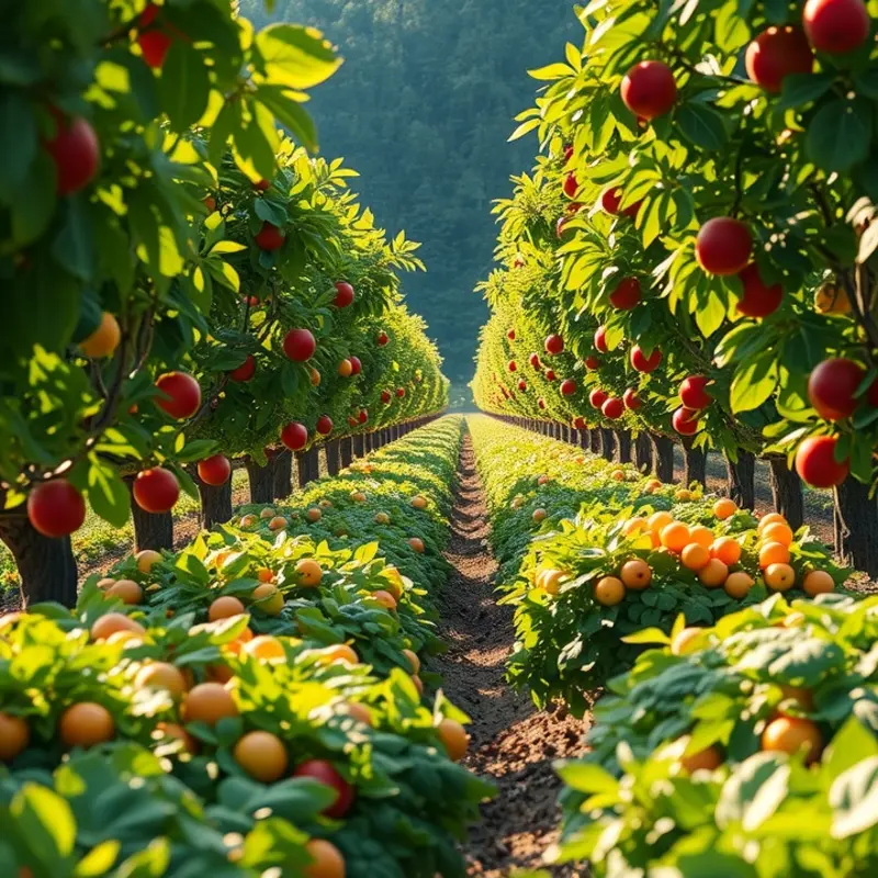 A vibrant organic field abounding with fresh vegetables and fruits.