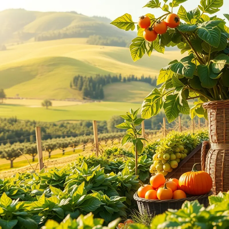 A vibrant landscape showcasing the abundance of organic produce in a sunlit field.