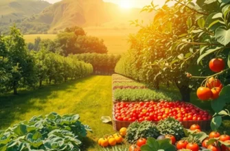 A scenic sunlit field thriving with organic fruits and vegetables, symbolizing sustainability.