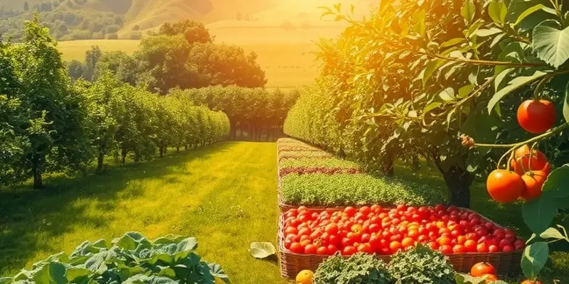 A scenic sunlit field thriving with organic fruits and vegetables, symbolizing sustainability.