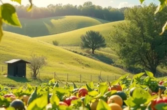 An organic landscape featuring a diverse selection of vegetables flourishing under sunlight.