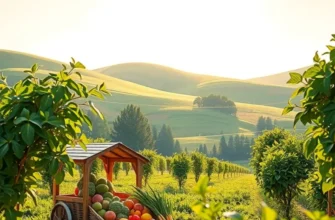 A beautiful serene landscape with fields of healthy vegetables under a bright sun.