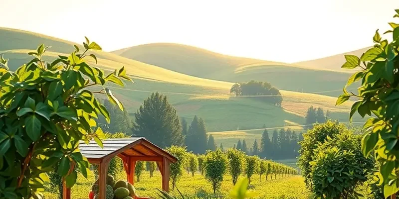 A beautiful serene landscape with fields of healthy vegetables under a bright sun.