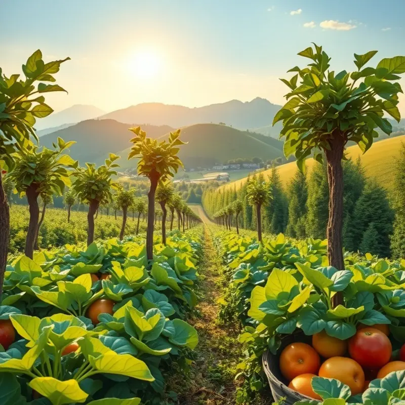 A serene sunlit orchard featuring lush greenery and vibrant produce, highlighting the beauty of natural ingredients.