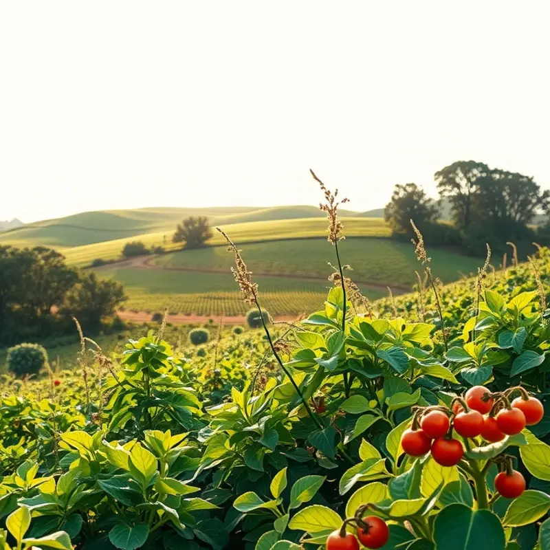 A serene landscape showcasing the harmony of nature and organic vegetables.