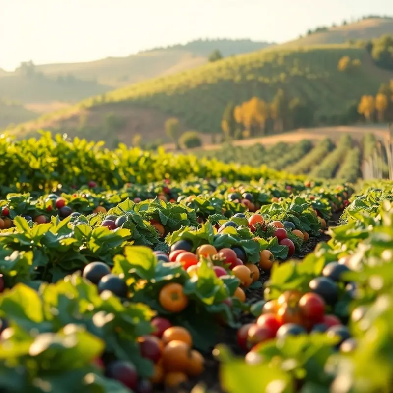A sunlit field bursting with vibrant vegetables and fruits, reflecting the natural abundance of a harvest.