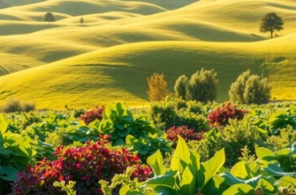 A stunning landscape of an organic orchard featuring a wide range of tropical fruits amidst lush greenery.