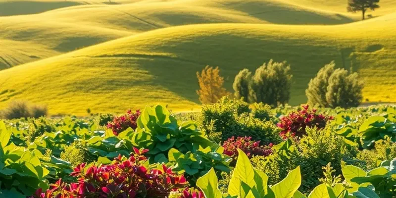 A stunning landscape of an organic orchard featuring a wide range of tropical fruits amidst lush greenery.