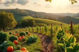 A serene scene featuring vibrant crops growing in a sunlit field surrounded by lush vegetation.