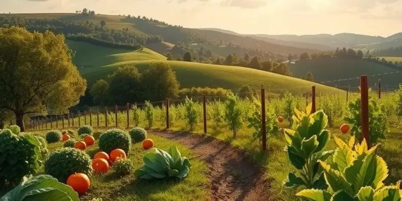 A serene scene featuring vibrant crops growing in a sunlit field surrounded by lush vegetation.