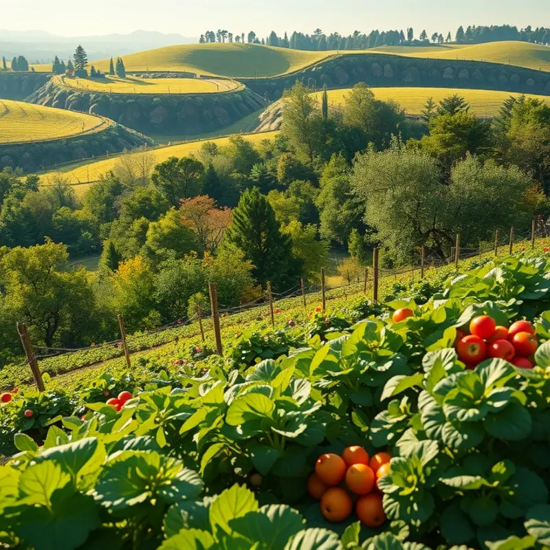 A vibrant sunlit field showcasing organic vegetables and fruits.