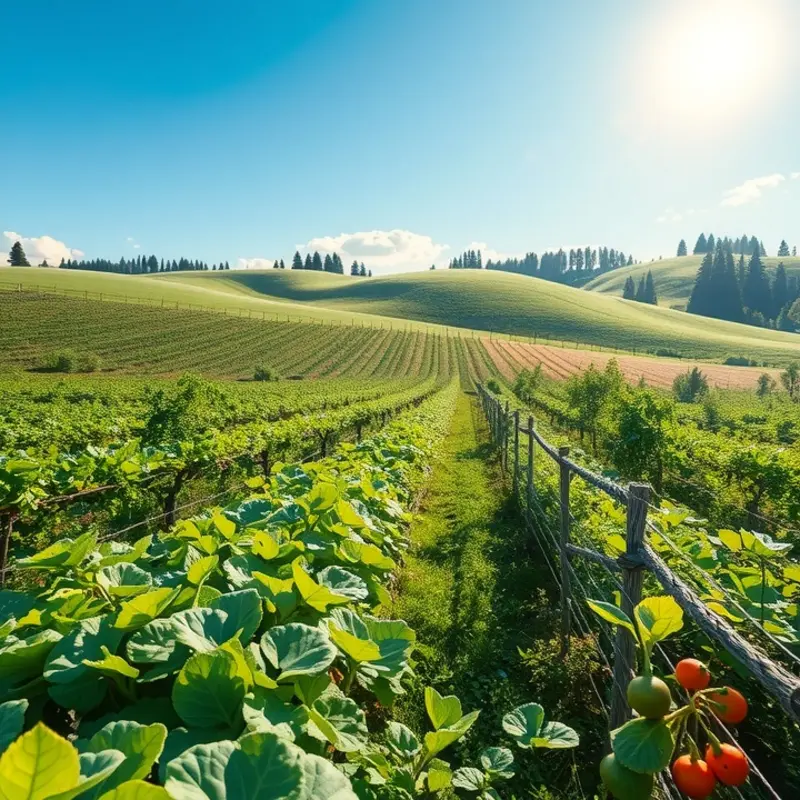 A sunlit orchard showcasing vibrant fruits and vegetables, representing natural food preservation methods.