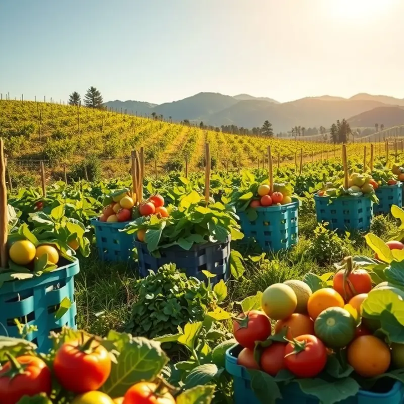 A vibrant sunlit orchard filled with lush vegetables and fruits.
