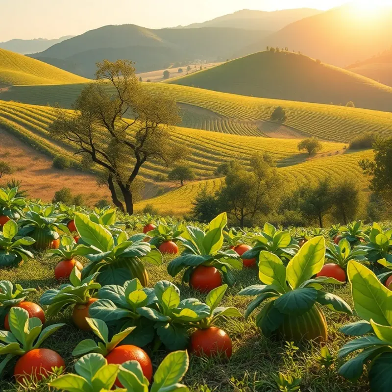 A serene landscape showcasing the harmony of nature and organic vegetables.