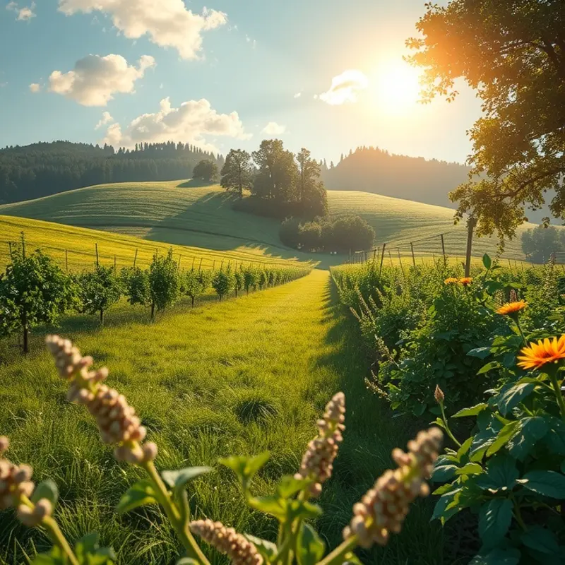 A sunlit orchard filled with vibrant vegetables and fruits.