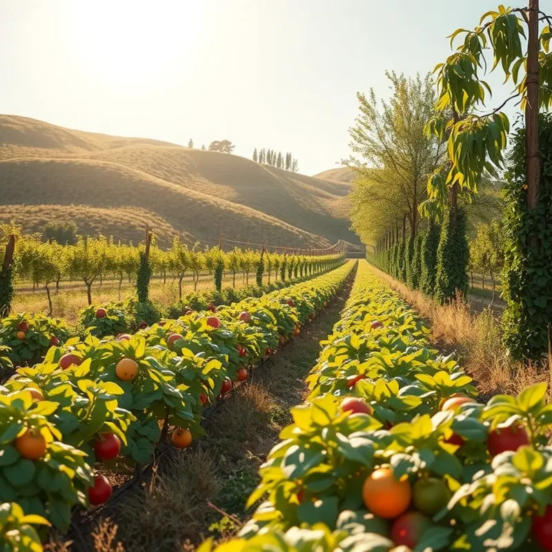 A vibrant, sunlit orchard brimming with fresh organic produce.