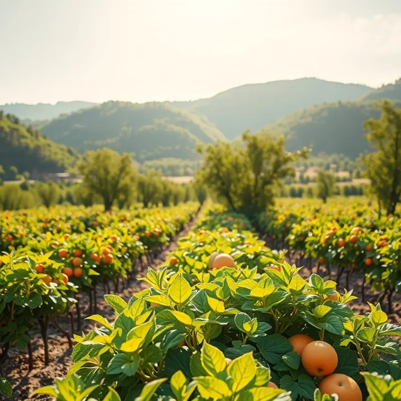A sunlit organic farm showcasing a variety of vibrant produce under natural conditions.