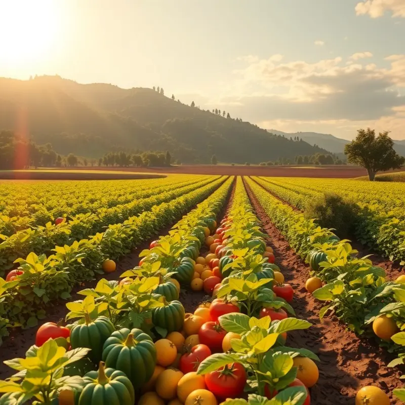 A sunlit field filled with fresh vegetables and fruits representing nature’s bounty.