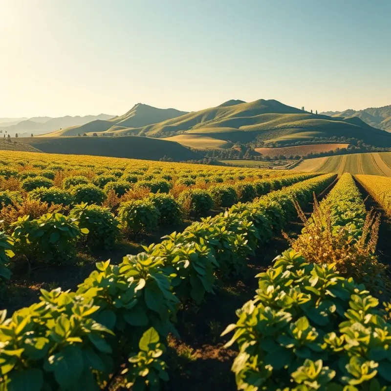 A vibrant sunlit field abundant with organic vegetables and fruits.